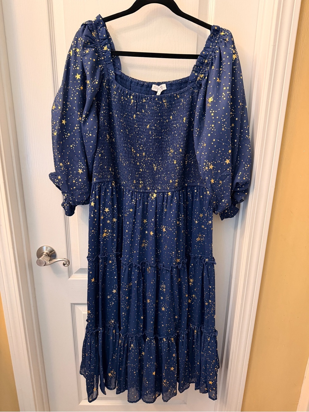 Smocked Navy Midi Dress with Gold Star Print by Ivy City size 2X